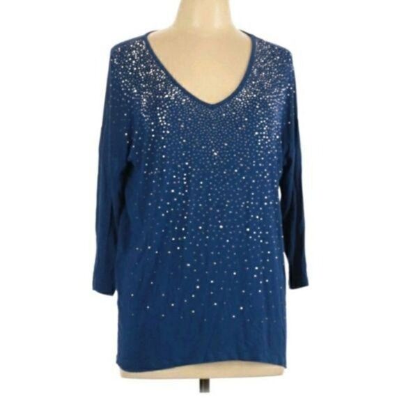 Design History Blue Bedazzled Jersey Knit V-neck Half Sleeve Tunic Top Sz L - Picture 2 of 10